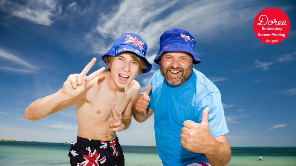 Two men wearing Australia day cap